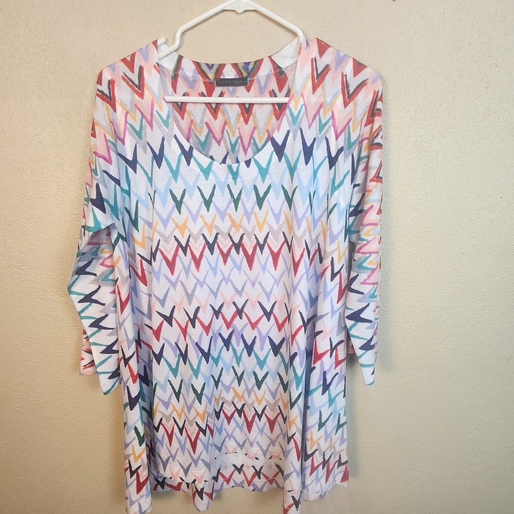 Nally & Millie Multicolor V Pattern Tunic Sweater Large (8291)